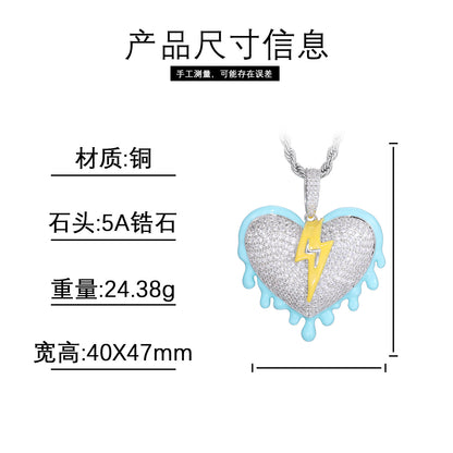 Iced Out Heart Lightning Pendant Necklace for Men, Hip Hop Rope Chain