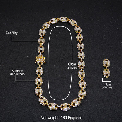 Iced Oval Link Chain Necklace Bracelet Set for Women, Gold Plated or Silver Plated Statement Hip Hop Chain Jewelry