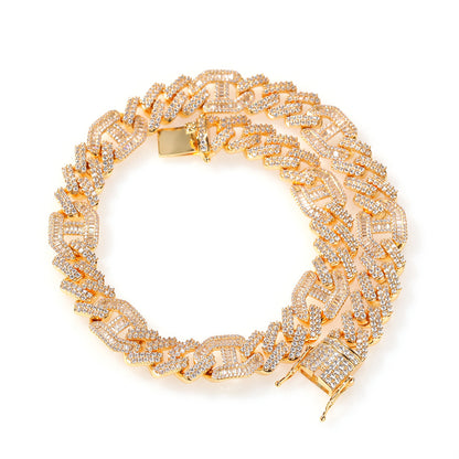Iced Out Geometric Cuban Link Necklace with Cubic Zirconia Pendant Chain for Women & Men