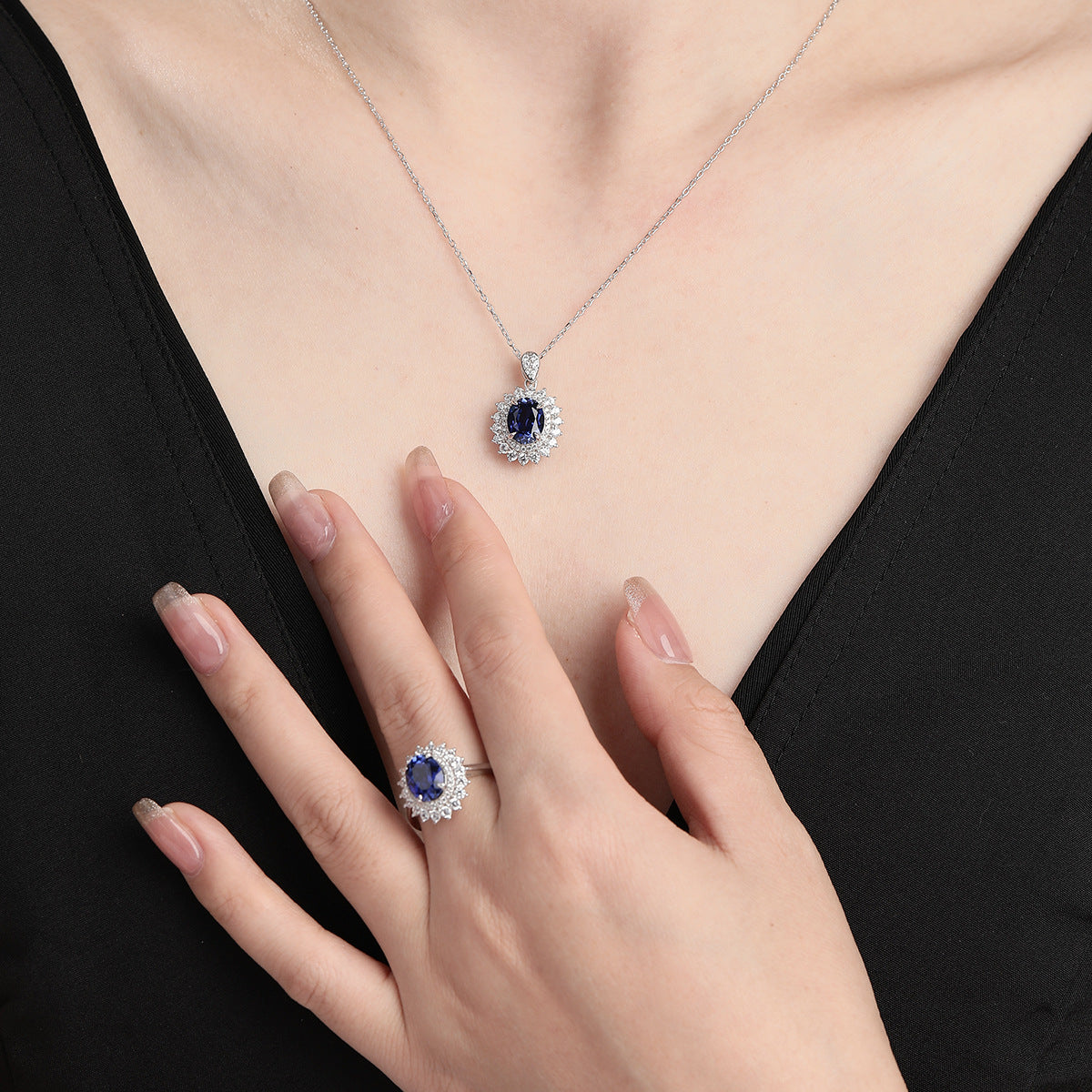 Royal Blue Oval Gemstone Jewelry Set for Women, Ring Earrings Pendant Necklace, Vintage Halo Style product image