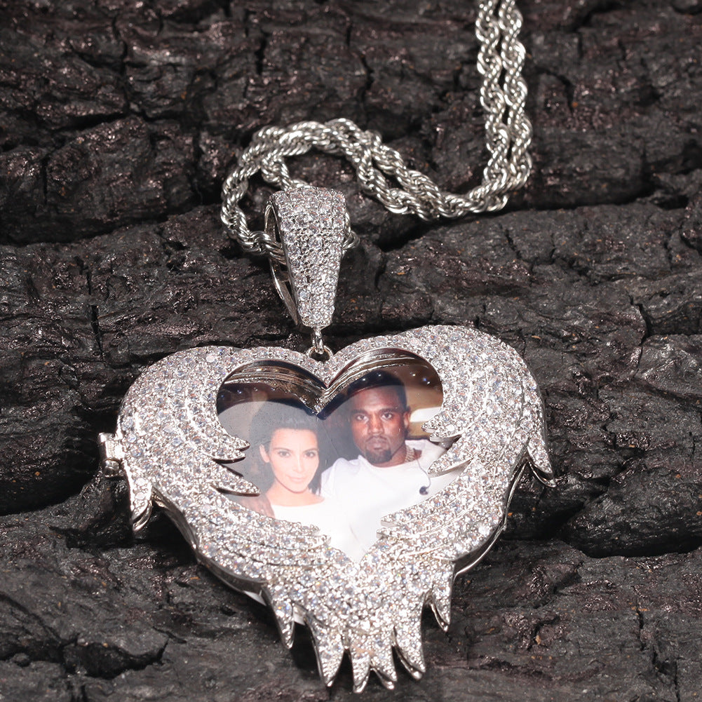 Custom Heart Photo Pendant Necklace with Cubic Zirconia Iced Out Twisted Chain for Women