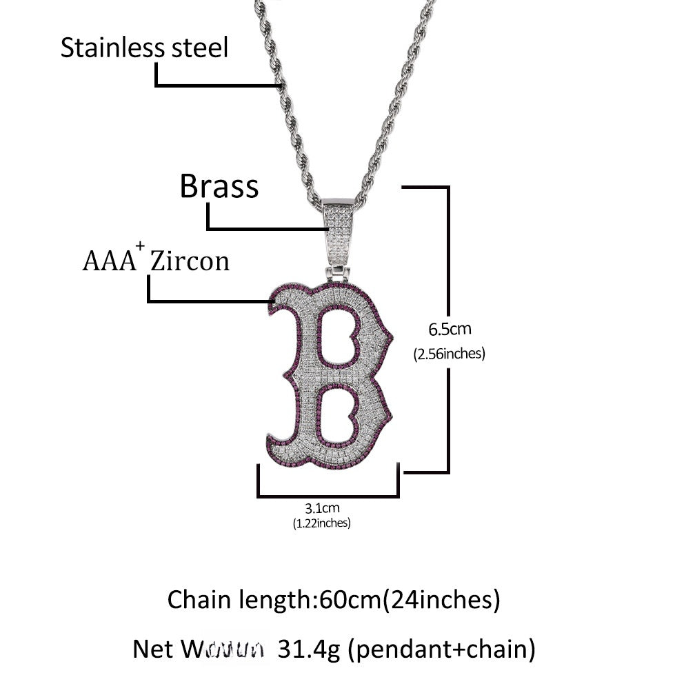 Iced Letter B Pendant Necklace with Cubic Zirconia Rope Chain for Women & Men