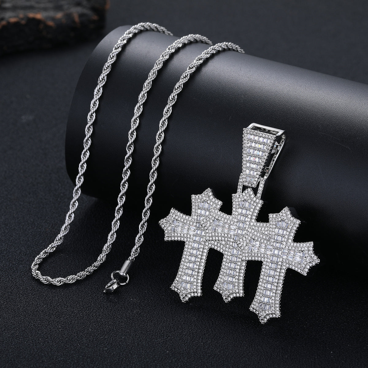 Triple Cross Pendant Necklace, 3MM Rope Chain, Zirconia Hip Hop Jewelry product image