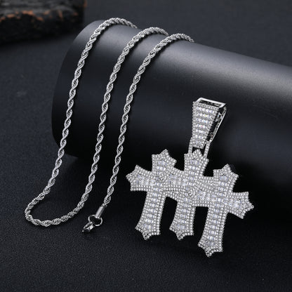 Triple Cross Pendant Necklace, 3MM Rope Chain, Zirconia Hip Hop Jewelry