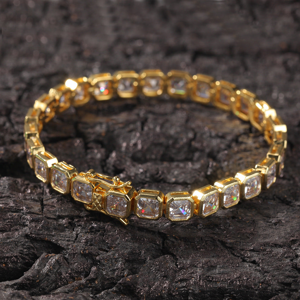 Men’s Iced Out Cubic Zirconia Chain Bracelet in Gold or Silver Tone, Square Stone Hip Hop Statement Bracelet, 7 Inch & 8 Inch