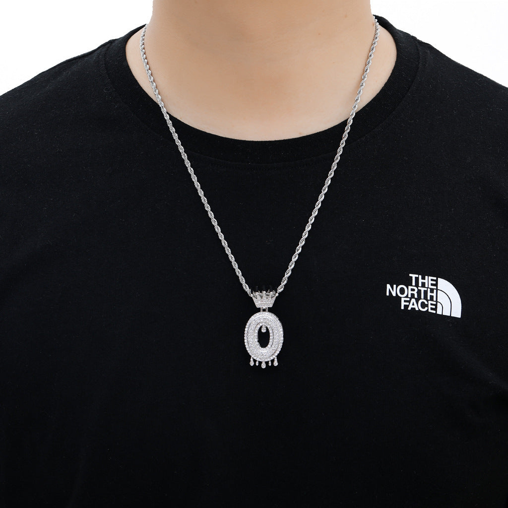 Hip Hop Crown Number Teardrop Cubic Zirconia Pendant Necklace for Men and Women
