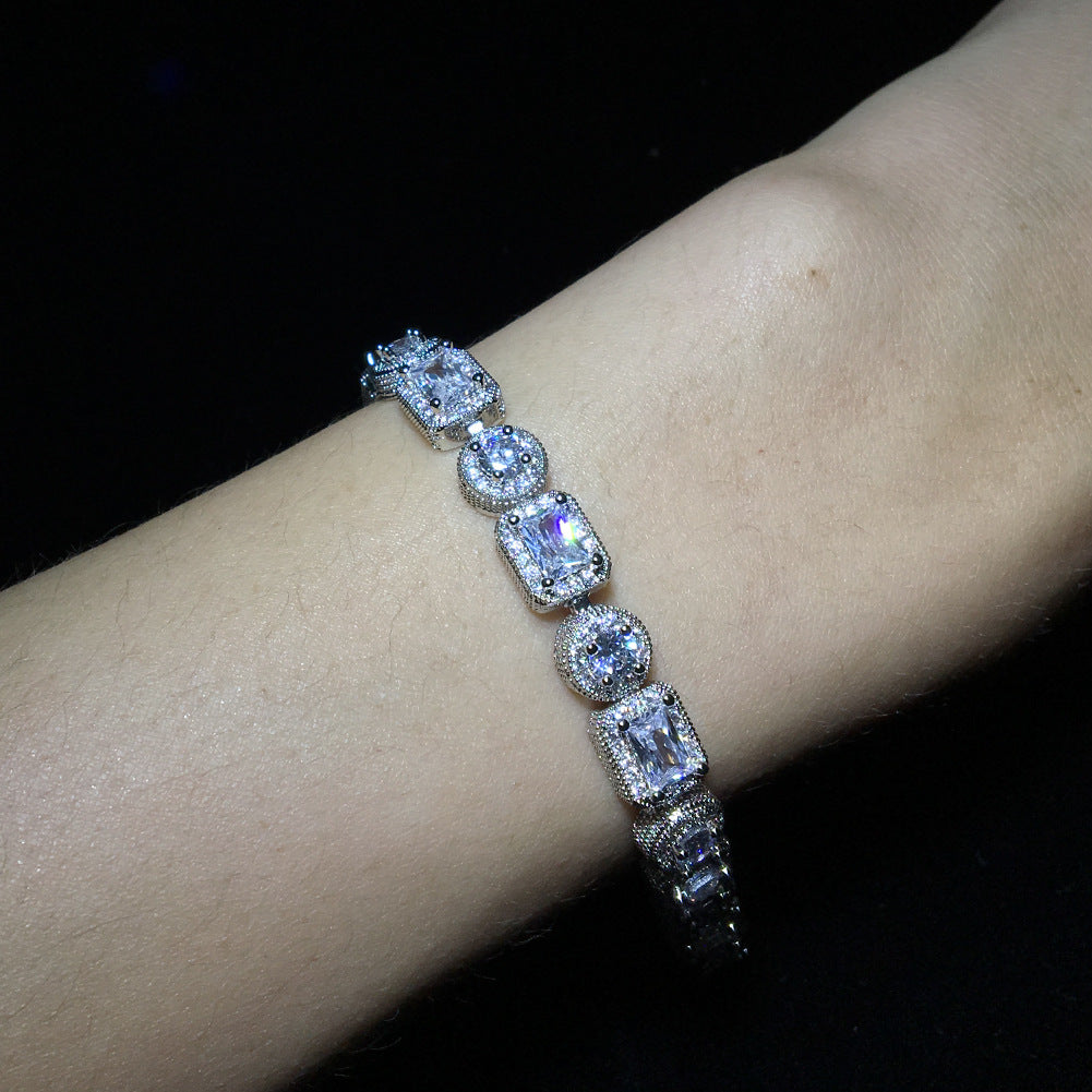 Unisex Hip Hop Cubic Zirconia Tennis Bracelet in Gold or Silver Tone - Round & Square Link Chain, 7 Inch / 8 Inch