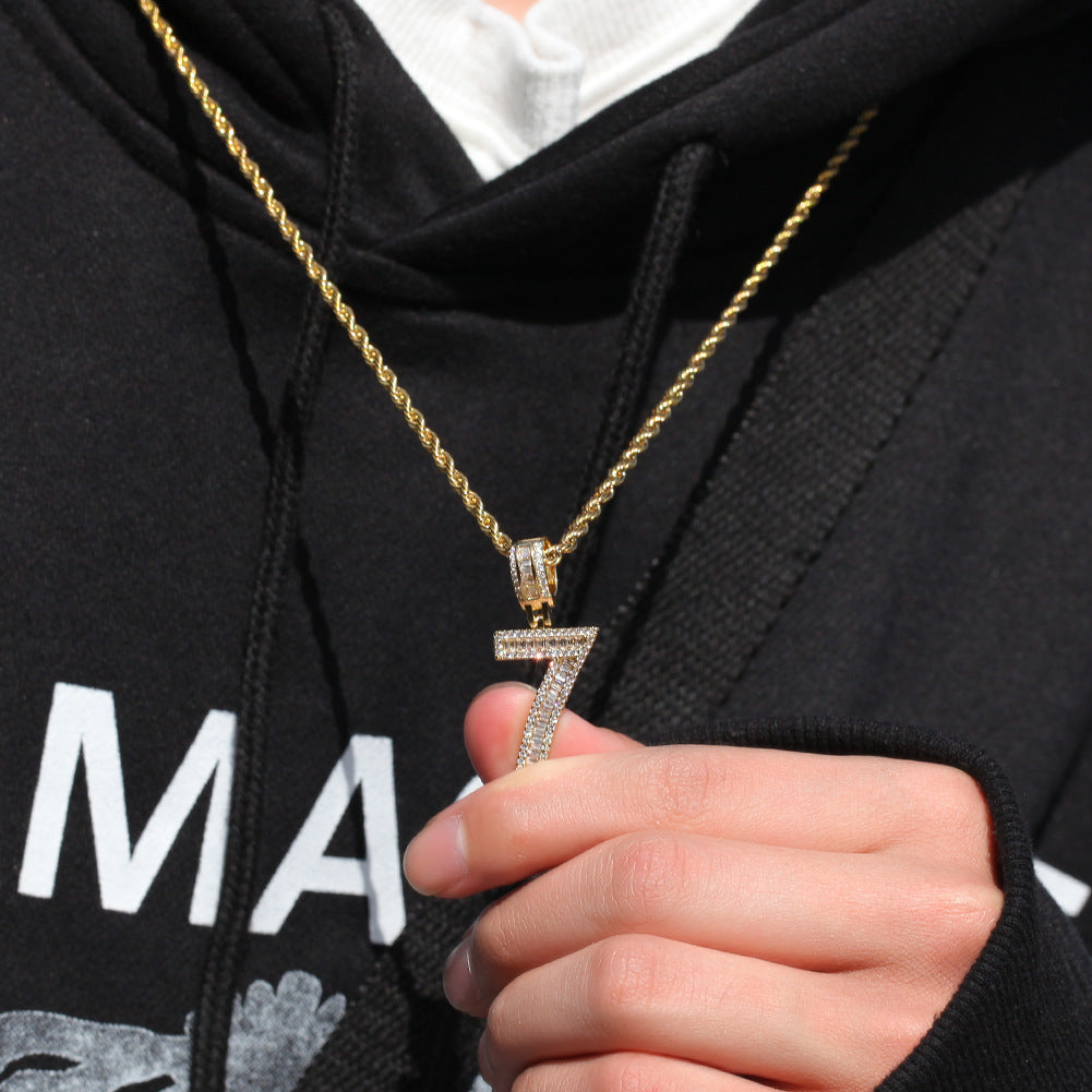 Men’s Iced Number Pendant Necklace with Cubic Zirconia, Gold or Silver Plated Numeric Charm Chain product image