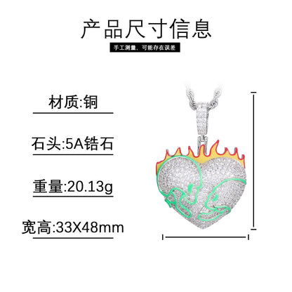 Iced Out Flaming Skull Heart Pendant Necklace for Men - Silver Tone Copper Hip Hop Chain with Cubic Zirconia
