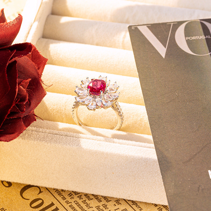 Lab-Grown Ruby Halo Ring for Women, Oval Red Gemstone Floral Ring product image