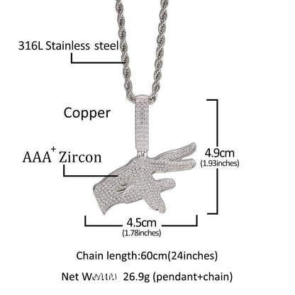 Men’s Iced Out Hand Gesture Pendant Necklace with Cubic Zirconia Twisted Chain