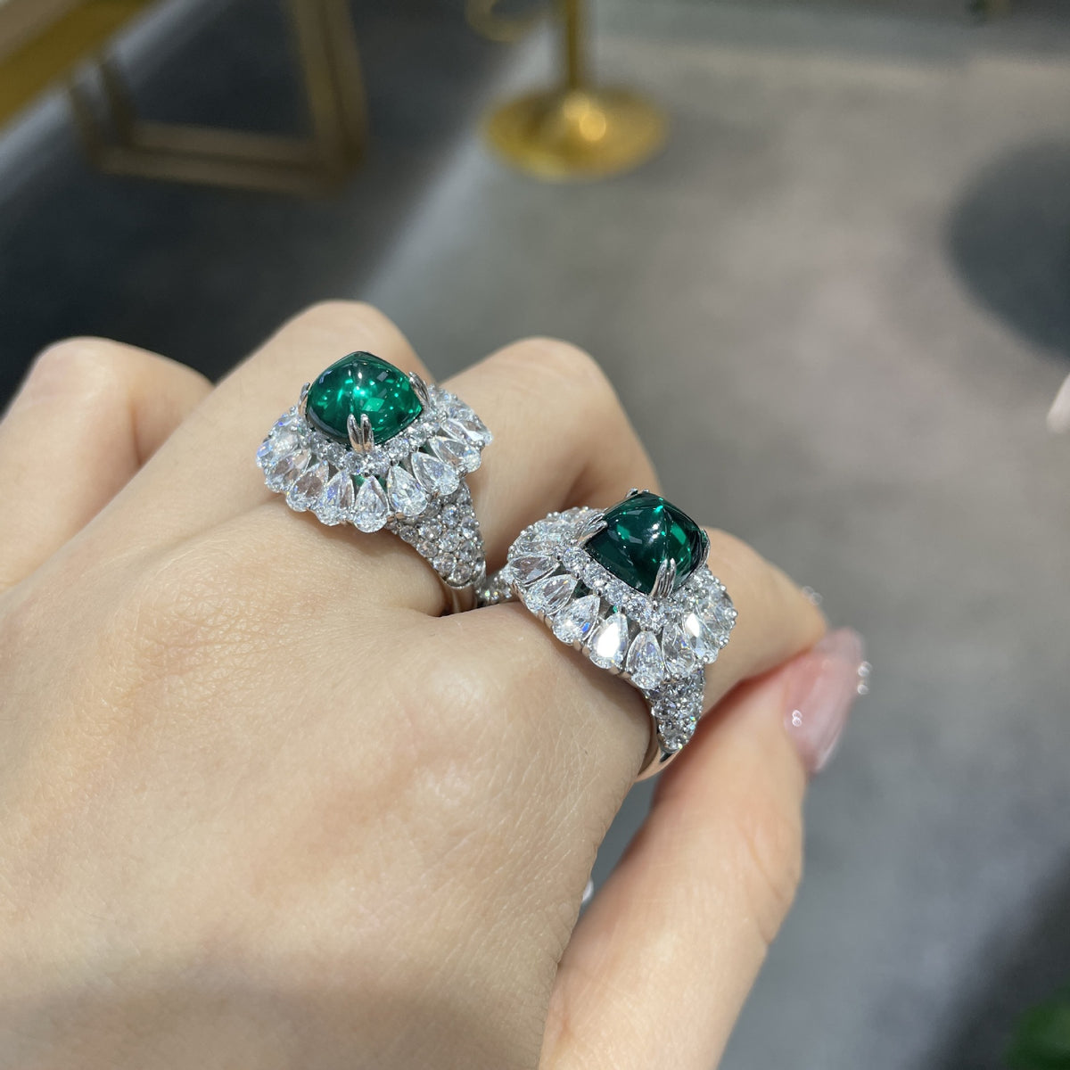 Green Cushion Halo Ring for Women, S925 Silver, 18K Gold Plated product image