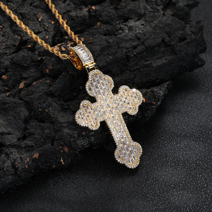 Iced Cross Pendant Rope Chain Necklace for Men, Hip Hop Pendant, Copper, Gold Tone or Silver Tone