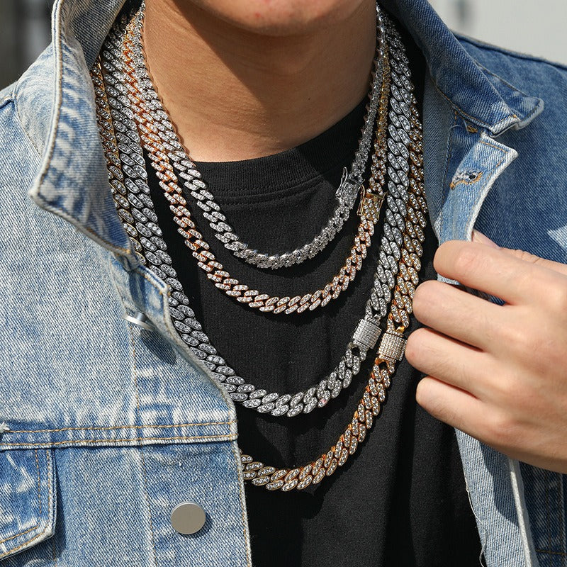 12mm Iced Out Cuban Link Chain Necklace & Bracelet for Women and Men, Geometric Cubic Zirconia Hip Hop Jewelry product image