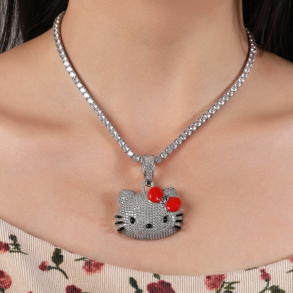 Iced Cat Pendant Necklace for Women with 24 Inch Twist Chain, Gold Silver Rose Gold Tone Statement Hip Hop Jewelry