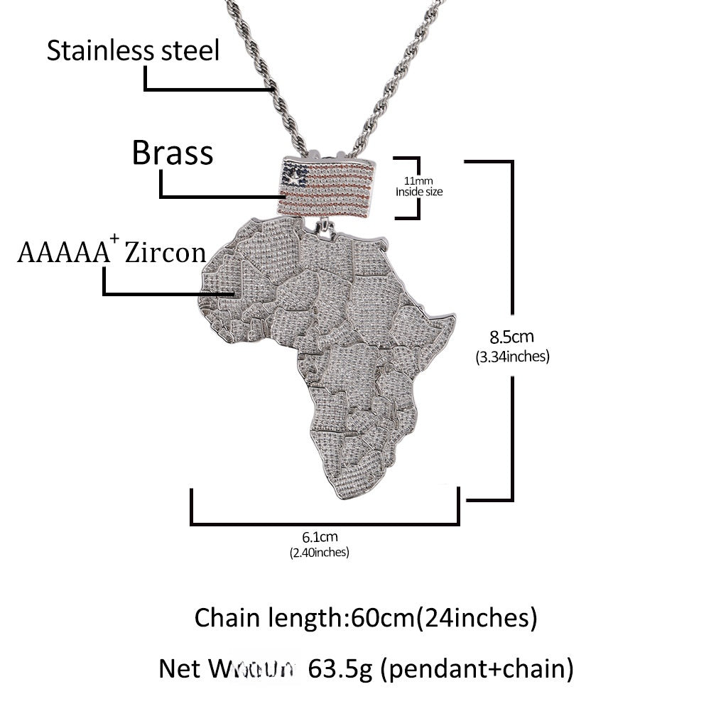 Iced Africa Map Pendant Necklace with CZ Stones & 24 Inch 3mm Rope Chain – Hip Hop Copper Necklace in Gold and Silver Tone
