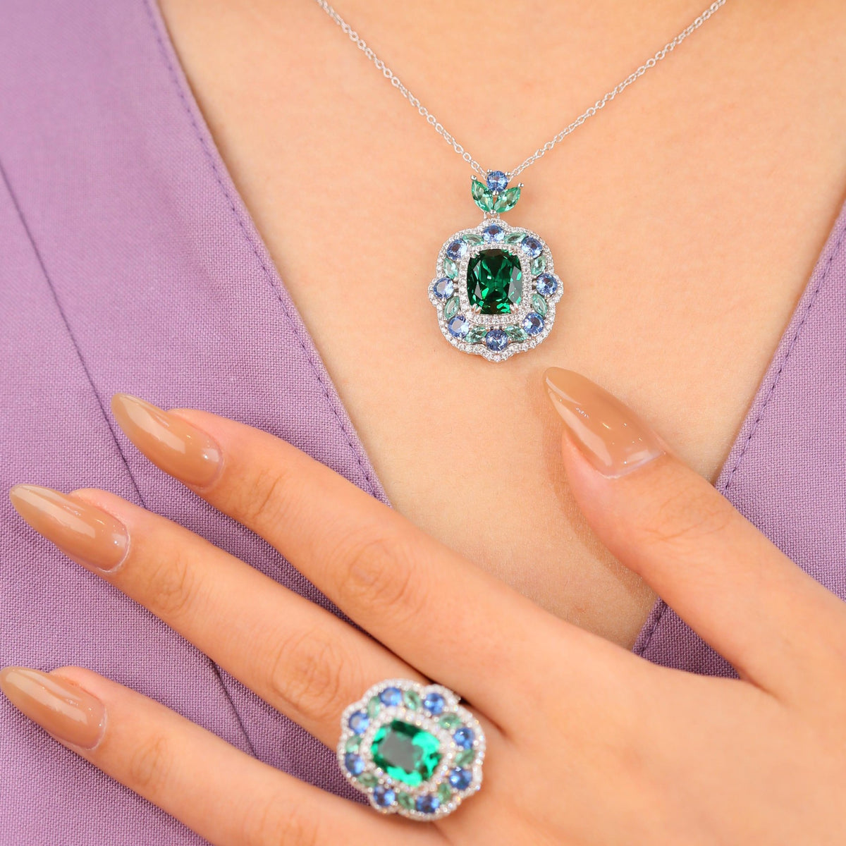 5 Carat Moissanite Halo Ring, Green Center Stone, Blue Accent Ring, S925 Sterling Silver product image
