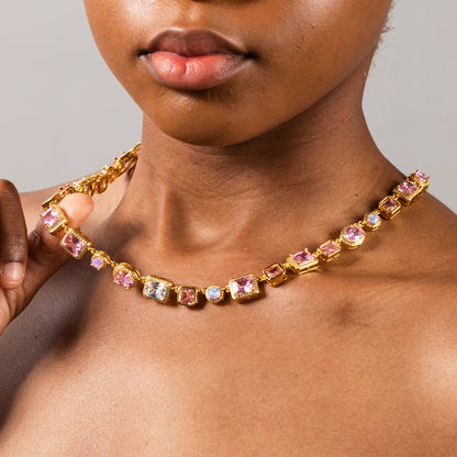 Pink Opal-Inspired Cubic Zirconia Bracelet and Necklace Set for Women & Men, Gold Tone Oval and Rectangle Statement Chain Jewelry