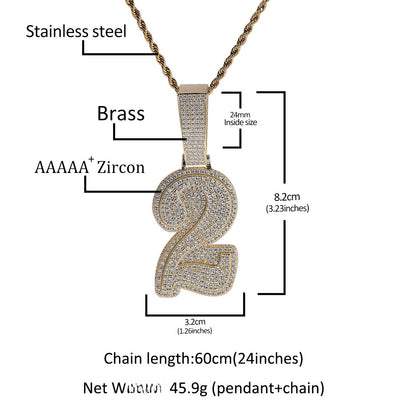 Number pendant size guide with 24 inch stainless steel twist chain