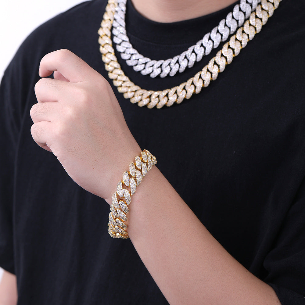 16mm Iced Out Cuban Link Chain Necklace Bracelet, Zircon Hip Hop Jewelry