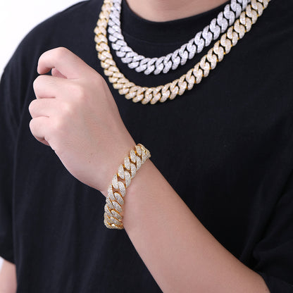 16mm Iced Out Cuban Link Chain Necklace Bracelet, Cubic Zirconia Hip Hop Jewelry