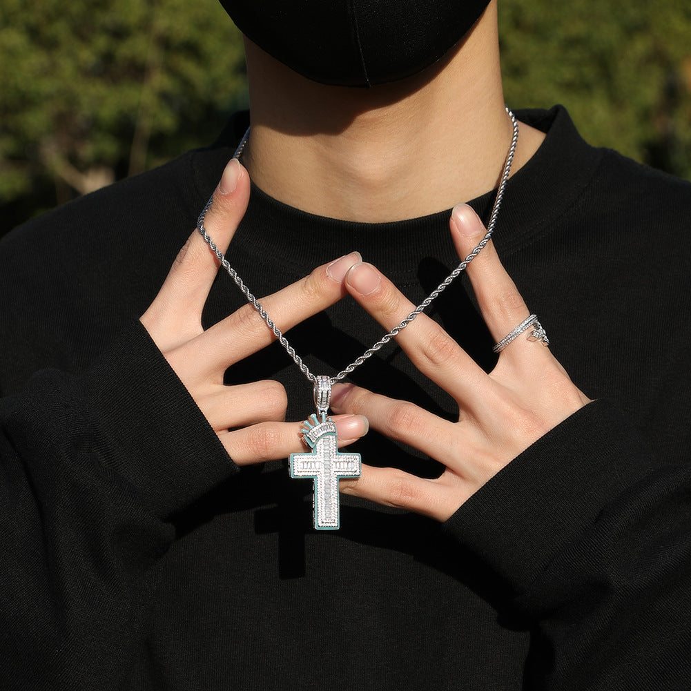 Iced Cross Pendant Necklace with Glow Detail - Gold or Silver Tone Rope Chain, Unisex Statement Jewelry