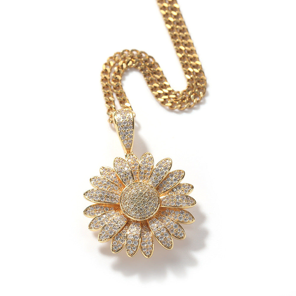 Sunflower Cubic Zirconia Pendant Necklace for Women – Hip Hop Statement Chain in Silver or Gold Tone, 24 Inch Twist or 3mm Cuban Chain