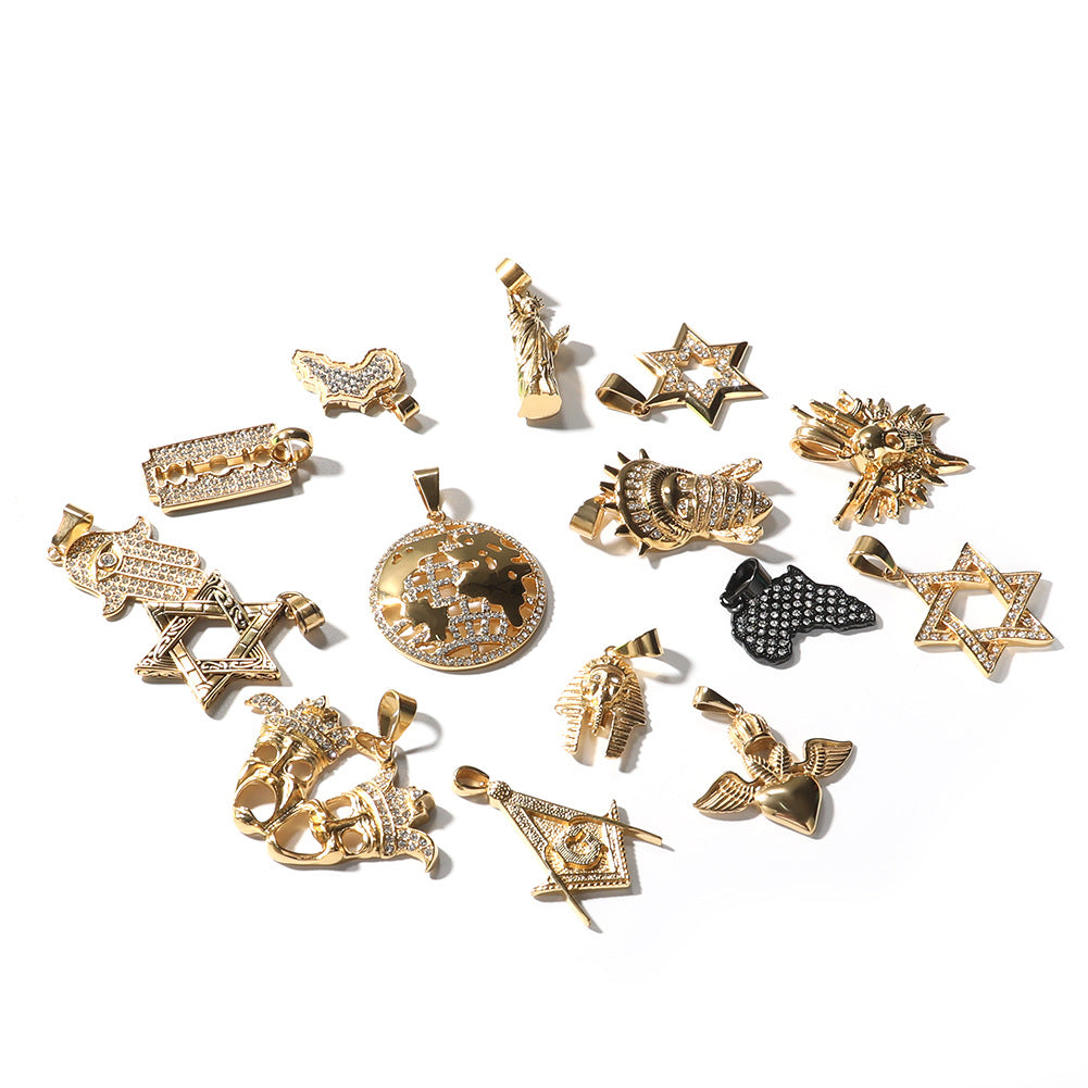 Hip Hop Stainless Steel Pendant Necklace for Men & Women – Iced Star, Map, Statue & Skull Chain Necklace Collection