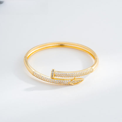 Minimalist Nail Bangle Bracelet for Women – Gold Plated Copper Bracelet with Crystal Pavé