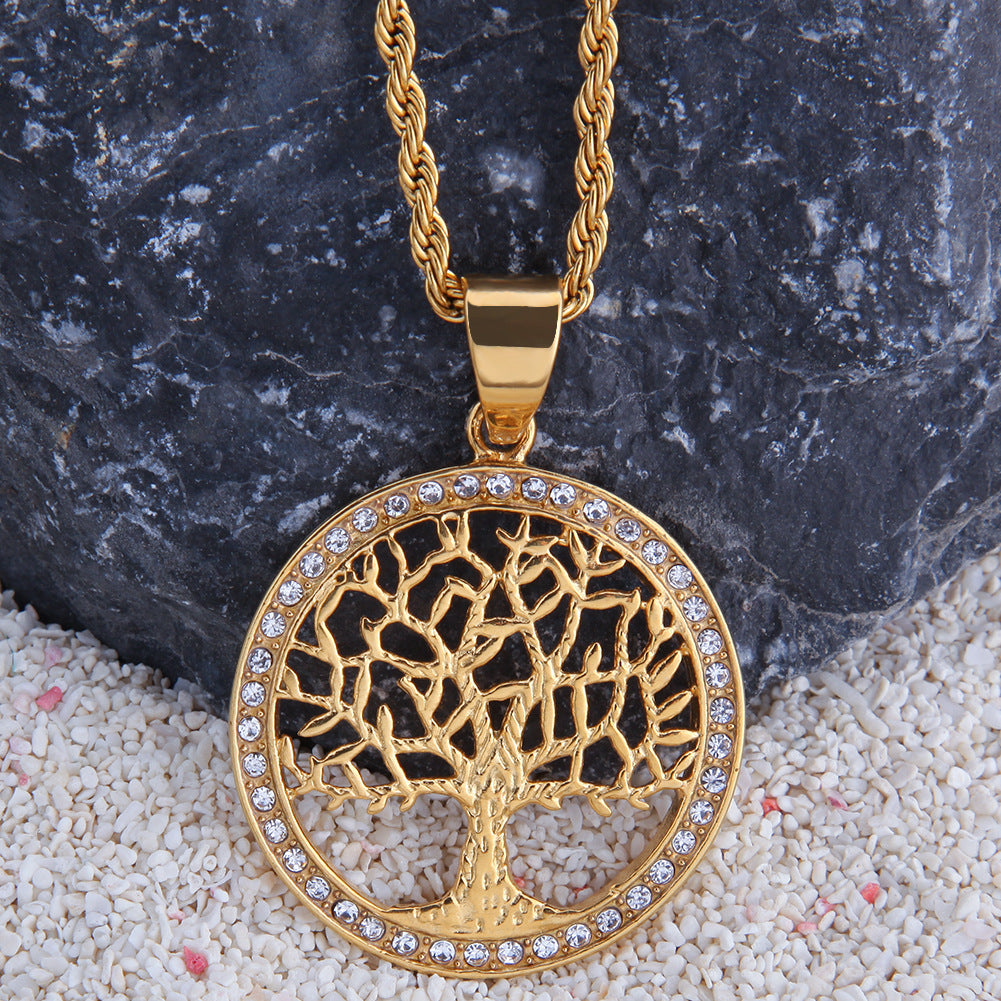Gold Plated Stainless Steel Tree of Life Pendant Necklace with Crystal Accents Unisex Statement Chain product image