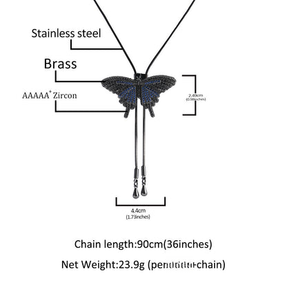 Unisex Hip Hop Butterfly Pendant Necklace with Cubic Zirconia Long Chain Statement Jewelry
