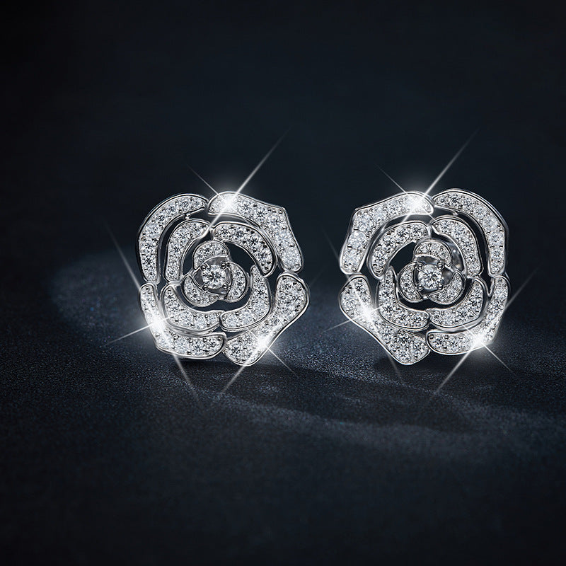 S925 Sterling Silver Camellia Flower Moissanite Stud Earrings for Women product image