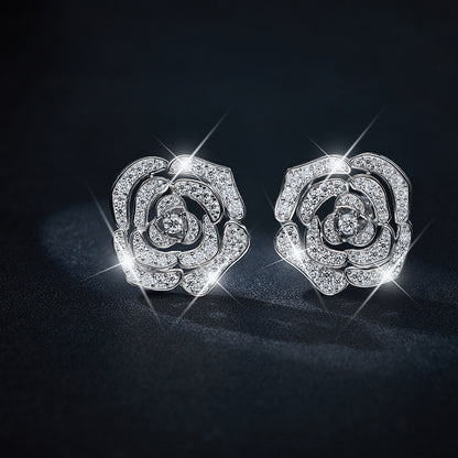 S925 Sterling Silver Camellia Flower Moissanite Stud Earrings for Women