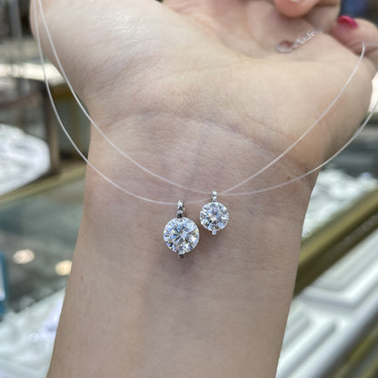 Invisible Line Double Round Pendant Necklace, Clear Sparkle, S925 Silver