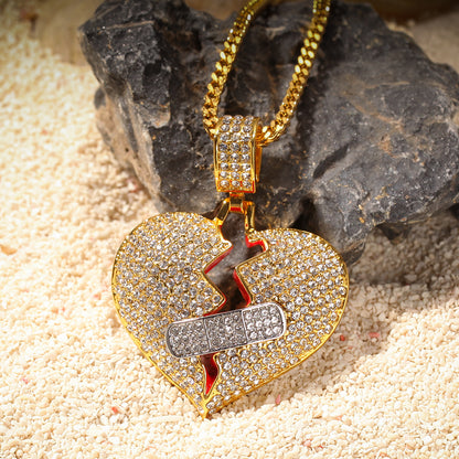 Iced Broken Heart Pendant Necklace with 24 Inch Stainless Steel Rope Chain for Women and Men
