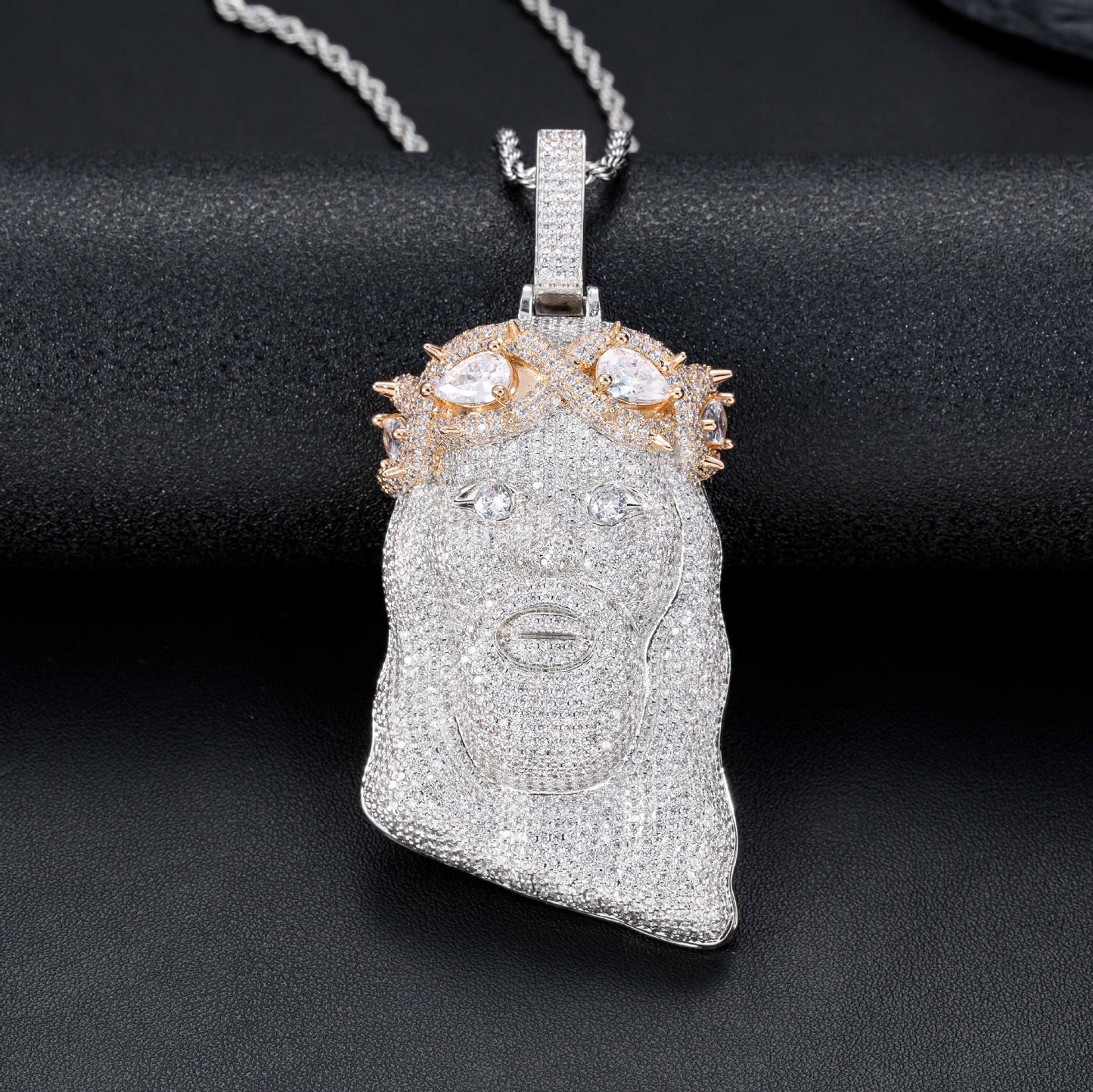 Iced Out Cartoon Face Pendant Necklace, Zircon Hip Hop Rope Chain Jewelry