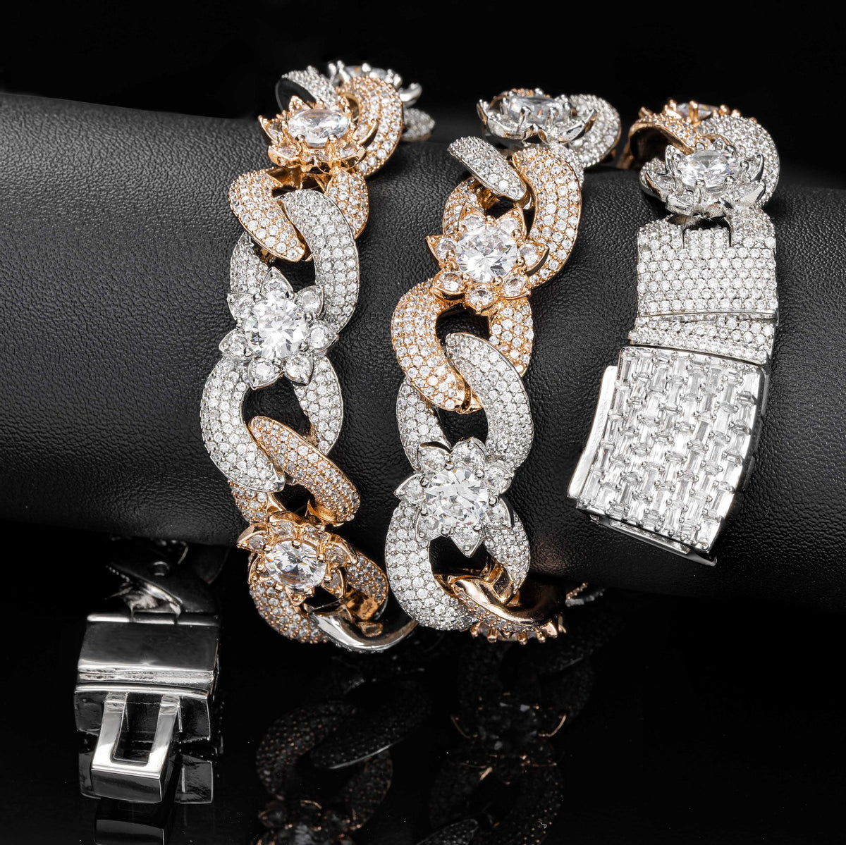 Iced Out Floral Cuban Link Chain Necklace, Two-Tone Hip Hop Style product image