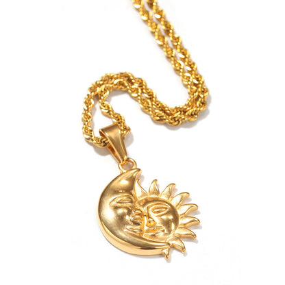 Gold Plated Stainless Steel Sun Moon Pendant Necklace with Cuban Chain, Statement Celestial Jewelry for Women