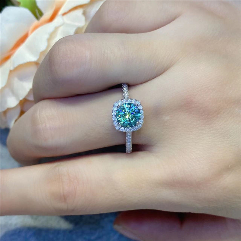 Green Moissanite Halo Ring for Women, Cushion Cut Solitaire Engagement Ring, Promise Ring, Available in 0.5 to 5 Carat Looks product image