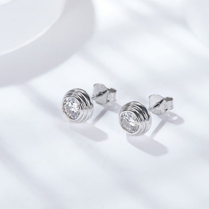 Moissanite Stud Earrings, Round Bezel 50-Point White Gold-Plated Earrings