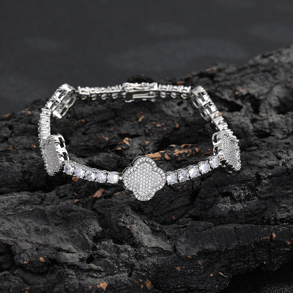 Clover Cubic Zirconia Tennis Chain Bracelet & Necklace Set, Hip Hop Pendant Jewelry product image