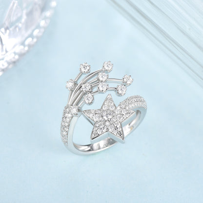 Moissanite Star Open Ring for Women, Silver Comet Celestial Ring