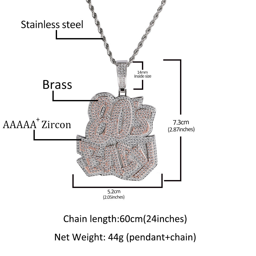 Iced Out English Letter Pendant Necklace for Men - Hip Hop Statement Chain in Silver Tone or Rose Silver Tone, 24 Inch Rope Chain