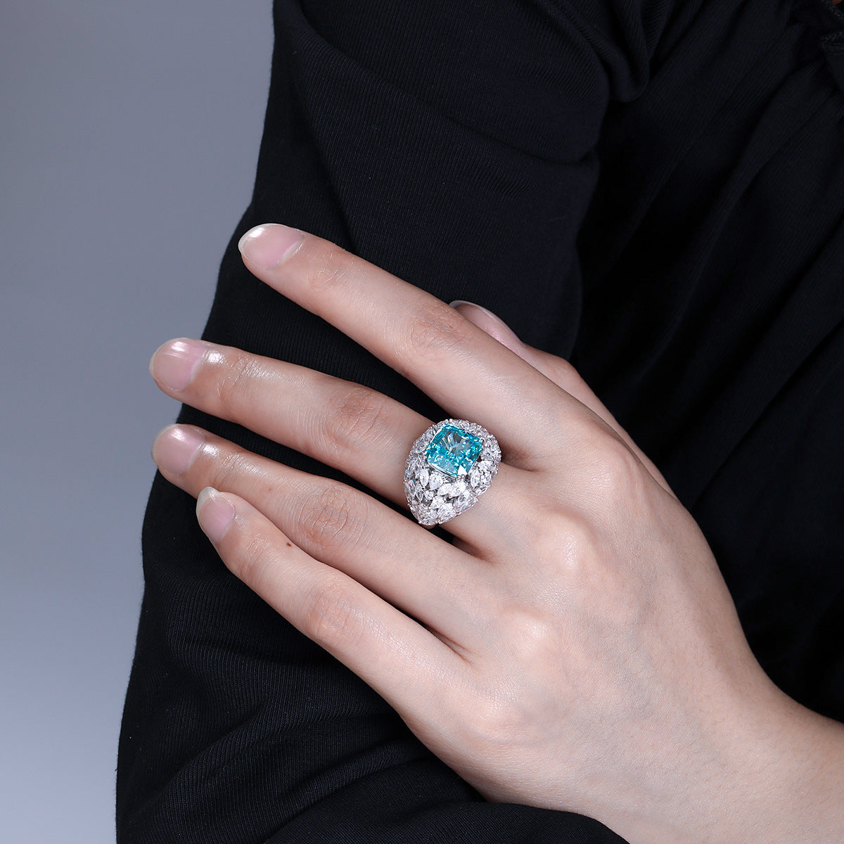 Blue Square Halo Ring for Women, 5 Carat Look, S925 Silver with 18K Gold-Plated Finish product image