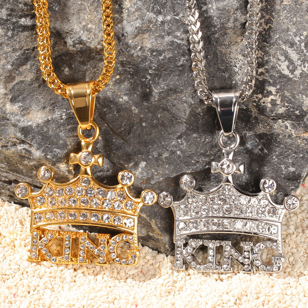 King Crown Letter Pendant Necklace for Men & Women – Gold Plated or Silver Plated Stainless Steel Chain Necklace with Cubic Zirconia