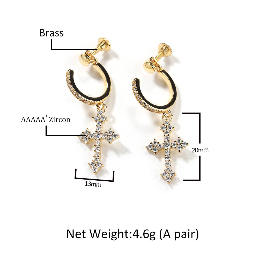 Men’s Cross Dangle Hoop Earrings with Cubic Zirconia – Gold Plated & Silver Plated Spiral Clip Style