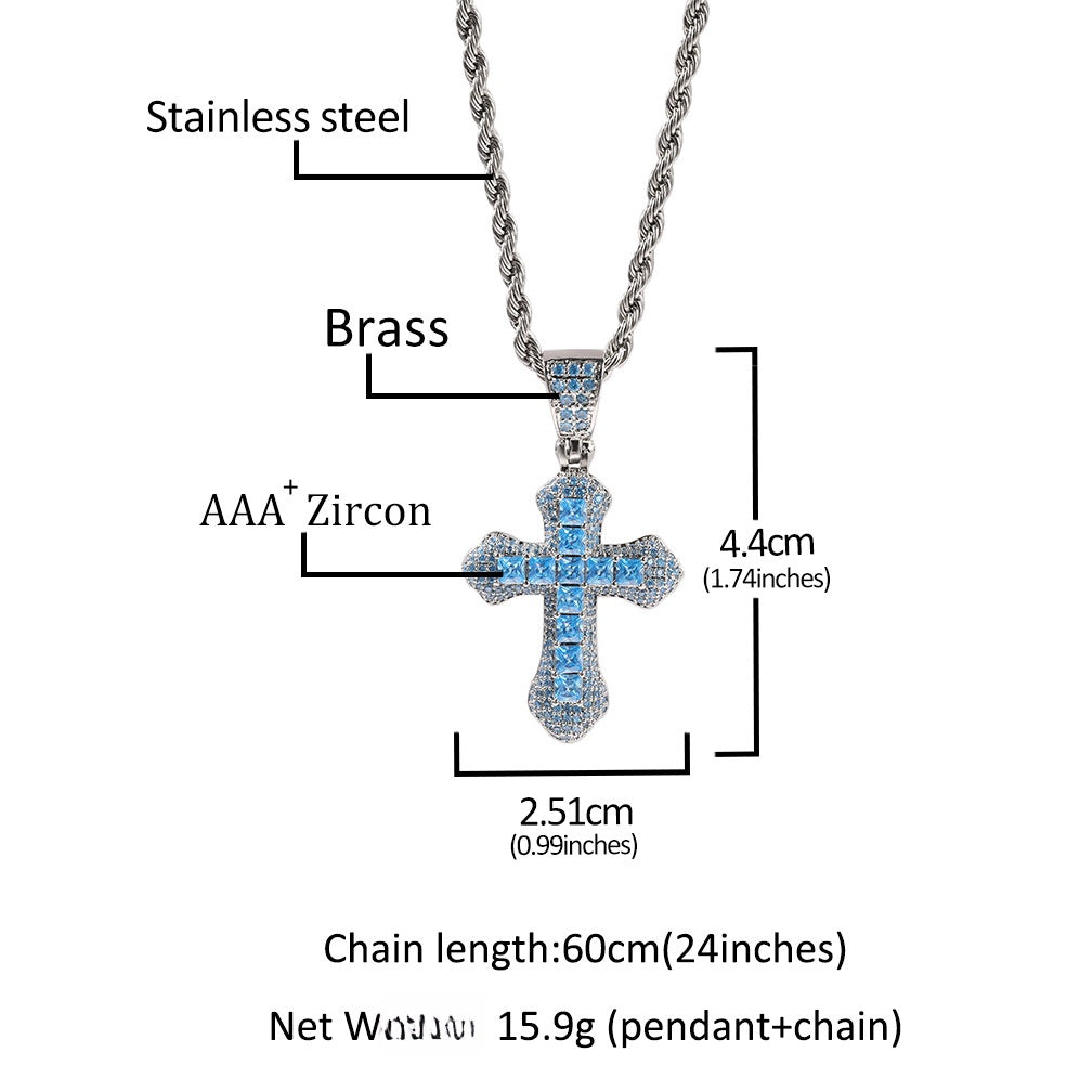 Iced Cross Pendant Necklace with Zircon Stone on Stainless Steel Twist Chain - Unisex Hip Hop Statement Jewelry product image