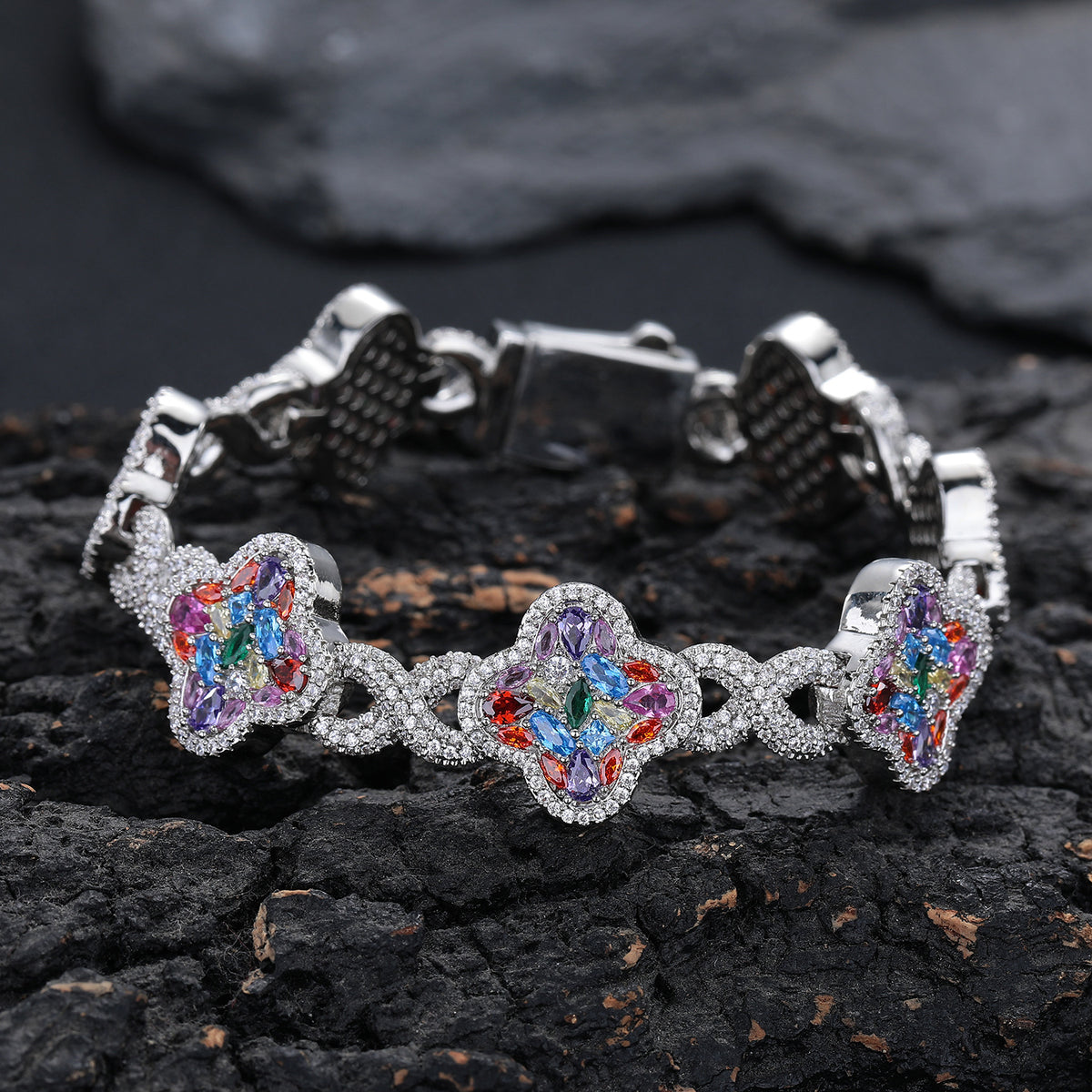 Multicolor Clover Crystal Bracelet for Women, Pave Floral Link Bracelet product image