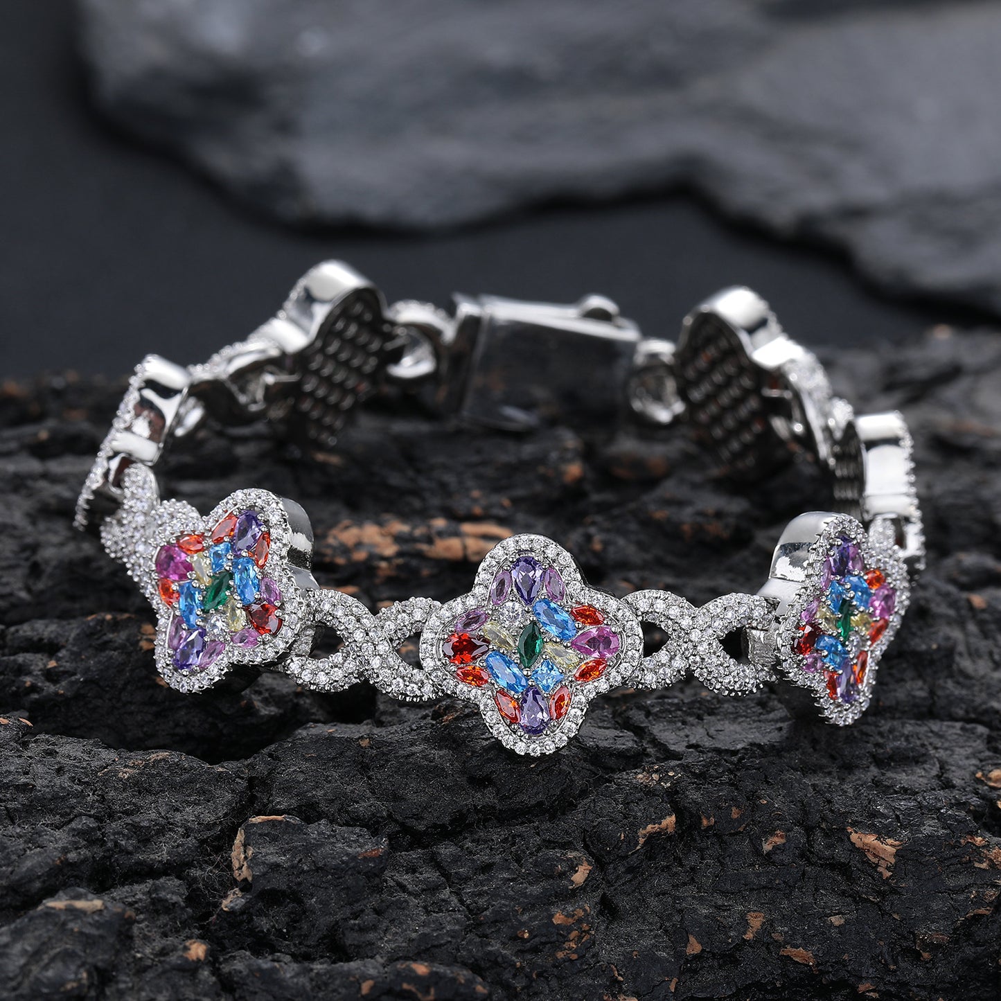 Multicolor Clover Crystal Bracelet for Women, Pave Floral Link Bracelet