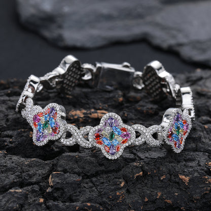 Multicolor Clover Crystal Bracelet for Women, Pave Floral Link Bracelet